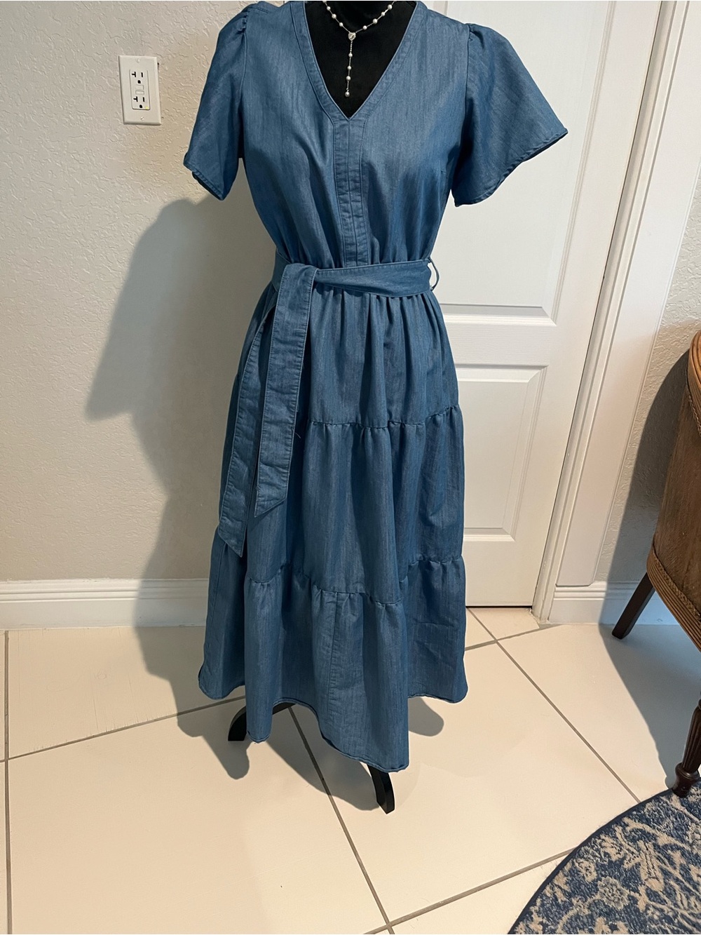 Washed Blue V-Neck Tiered Maxi Dress with Waist Tie